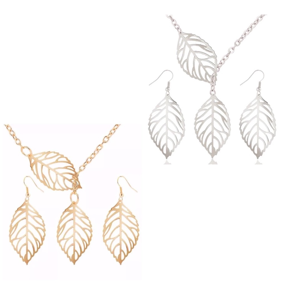 SET Gold or Silver Leaf Necklace - Picture 2 of 6
